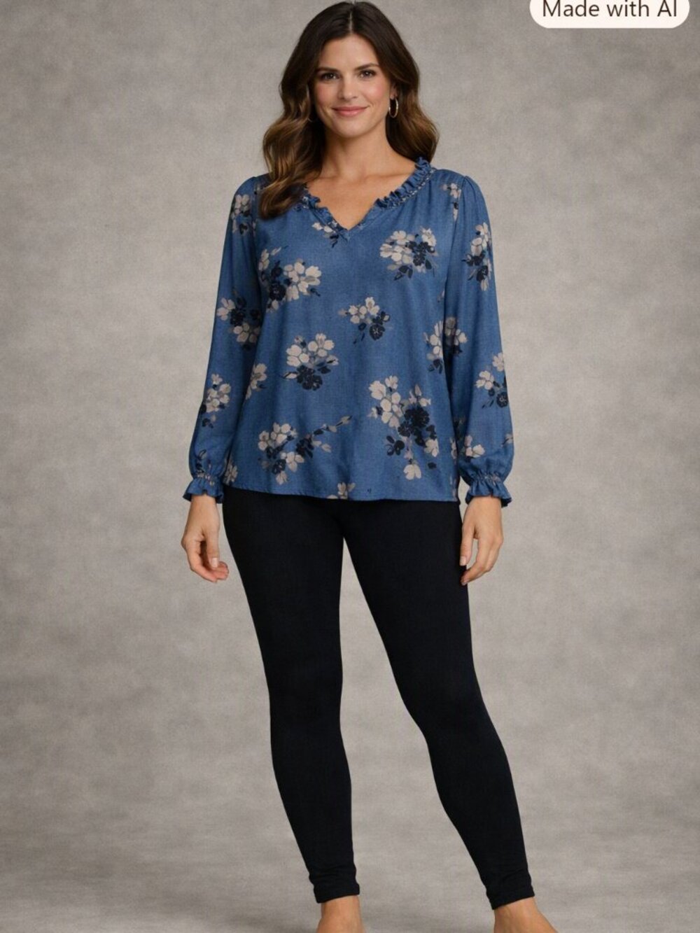 Melloday Blue Floral Ruffle V‑Neck Long Sleeve Blouse Size Medium